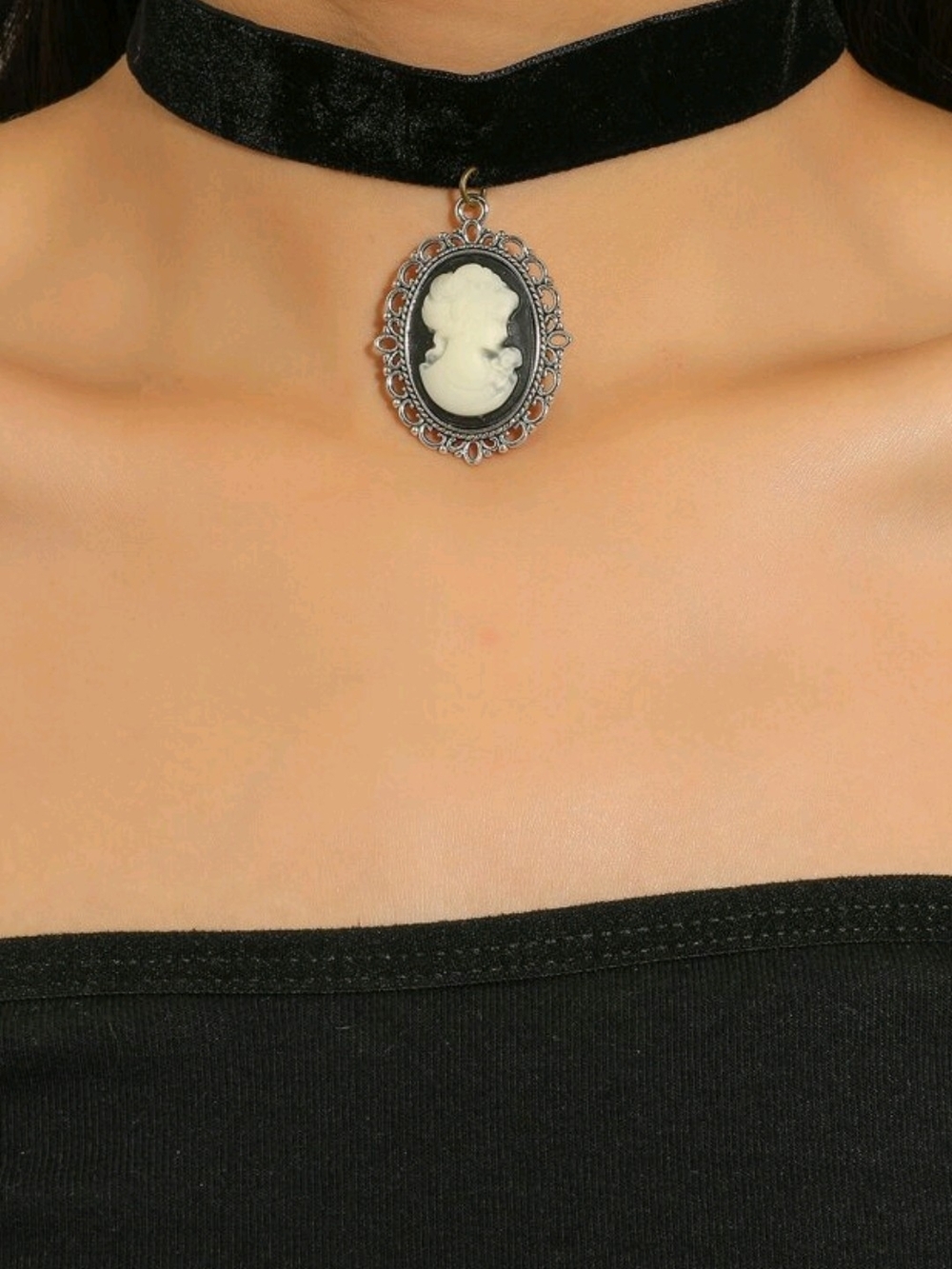 Black Velvet Cameo Choker Necklace - Classic Gothic Style
